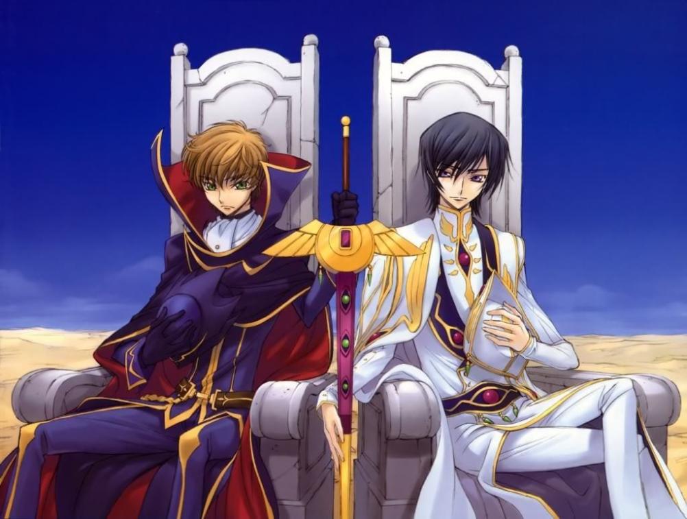 How does Code Geass explore the themes of power and corruption?
